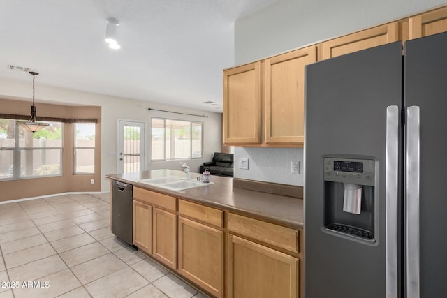 6372 S Callaway Dr, Chandler, AZ 85249 - kitchen with light tile patterned floors, stainless steel refrigerator with ice dispenser, visible vents, dishwasher, and a sink