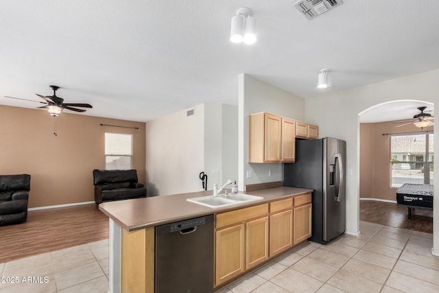 6372 S Callaway Dr, Chandler, AZ 85249 - kitchen with visible vents, a sink, open floor plan, ceiling fan, and appliances with stainless steel finishes