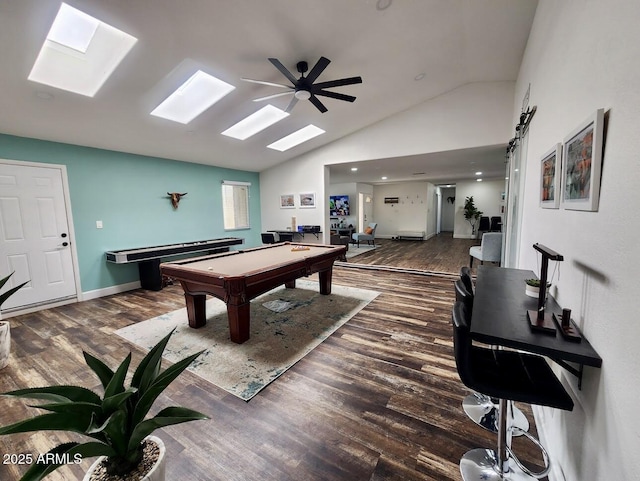 playroom featuring ceiling fan, lofted ceiling, dark wood-type flooring, and billiards