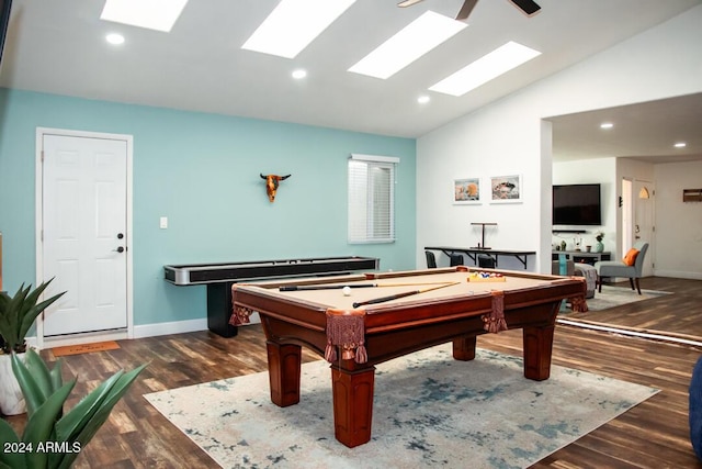 recreation room with ceiling fan, dark wood-type flooring, lofted ceiling, and pool table