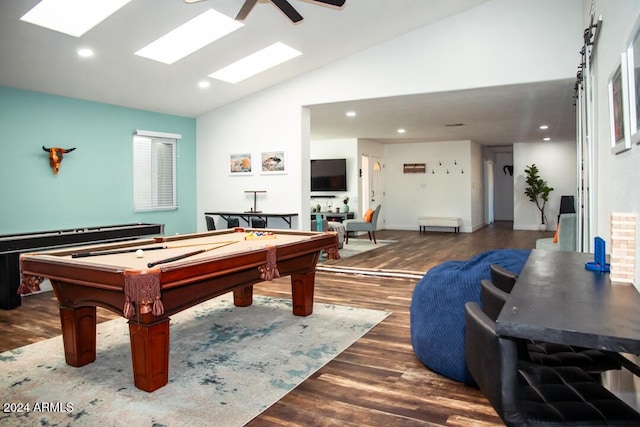 recreation room with dark wood-type flooring, ceiling fan, lofted ceiling, and pool table