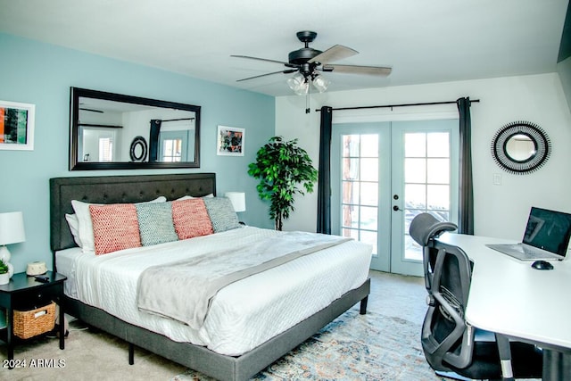 bedroom with french doors, access to outside, ceiling fan, and light colored carpet