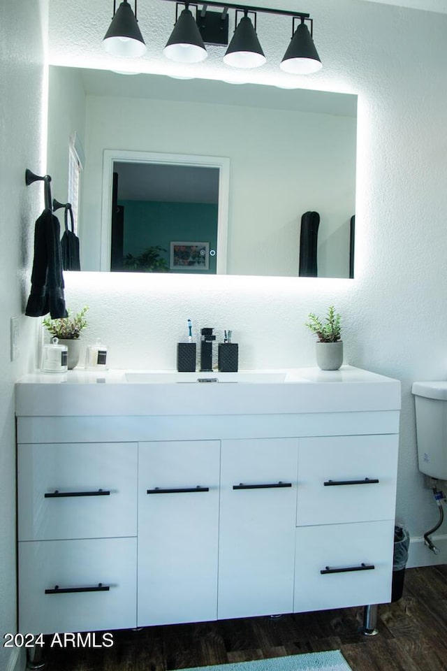 bathroom featuring hardwood / wood-style flooring, vanity, and toilet