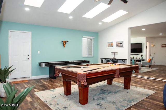 playroom featuring dark hardwood / wood-style floors, ceiling fan, lofted ceiling, and billiards