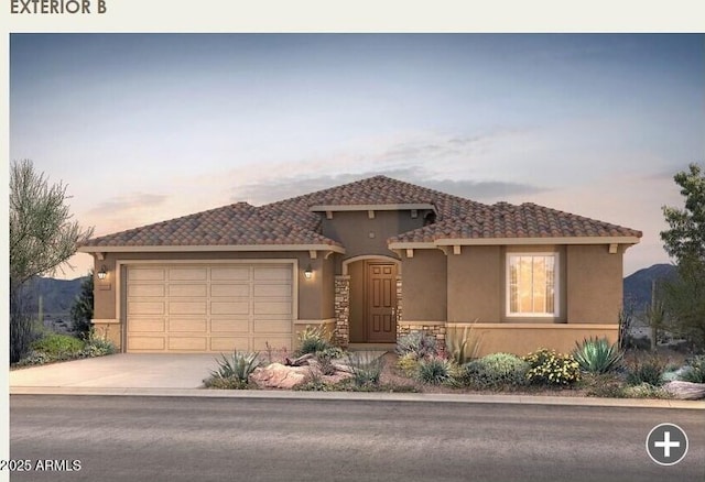 view of front of property with a tile roof, stucco siding, concrete driveway, a garage, and stone siding