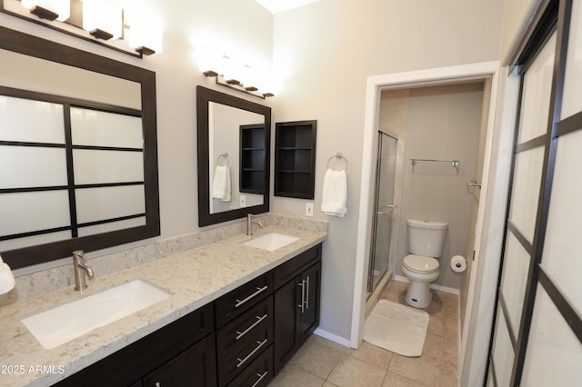 7021 E Earll Dr Unit 204, Scottsdale, AZ 85251 - full bathroom featuring toilet, double vanity, tile patterned floors, and a stall shower