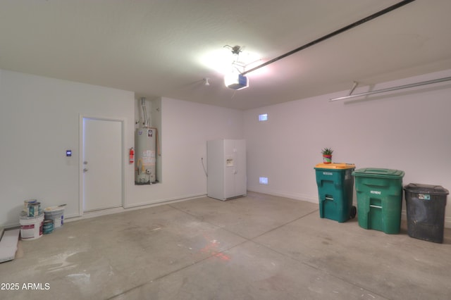 garage featuring water heater, a garage door opener, and white fridge with ice dispenser