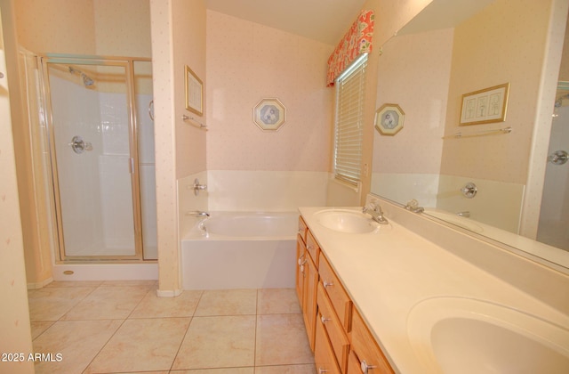 bathroom featuring vanity, separate shower and tub, and tile patterned floors