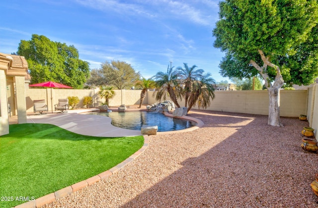 view of swimming pool featuring a yard and a patio area