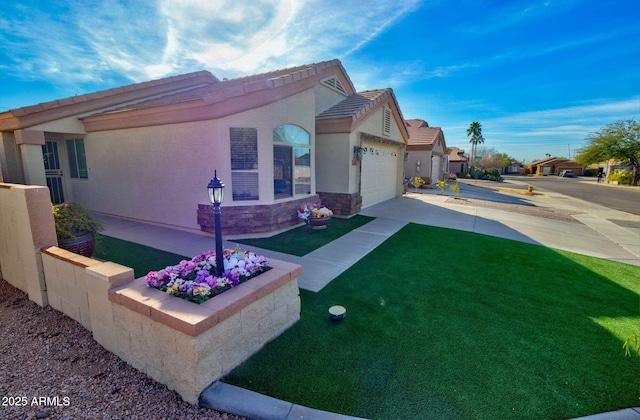 view of property exterior with a garage and a lawn