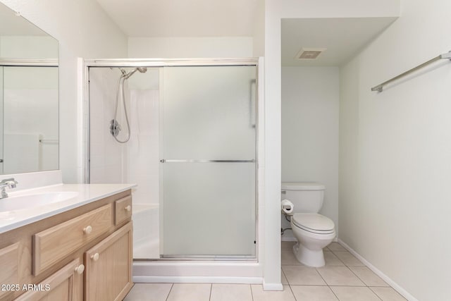 bathroom featuring tile patterned flooring, vanity, toilet, and a shower with shower door