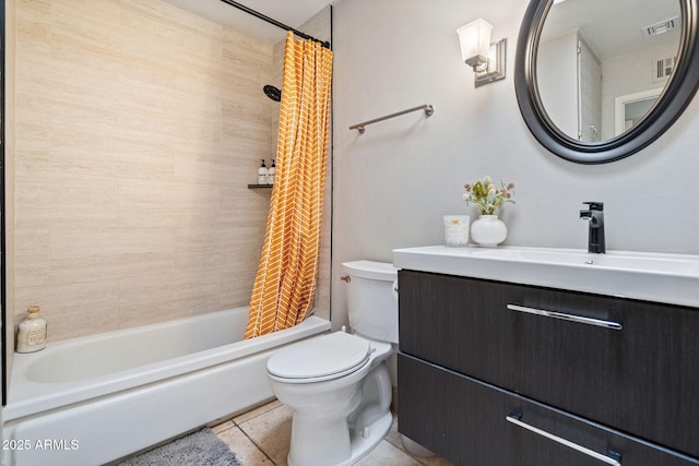 full bath with visible vents, shower / tub combo, toilet, and vanity