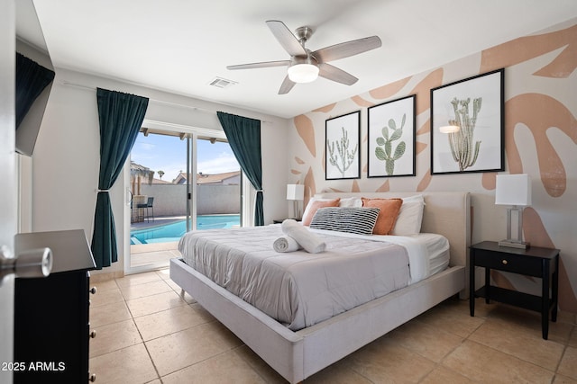 bedroom with access to exterior, light tile patterned floors, a ceiling fan, and visible vents