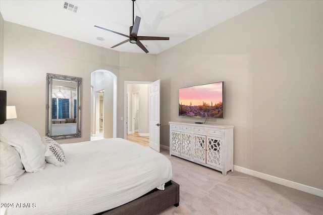 bedroom with light carpet and ceiling fan