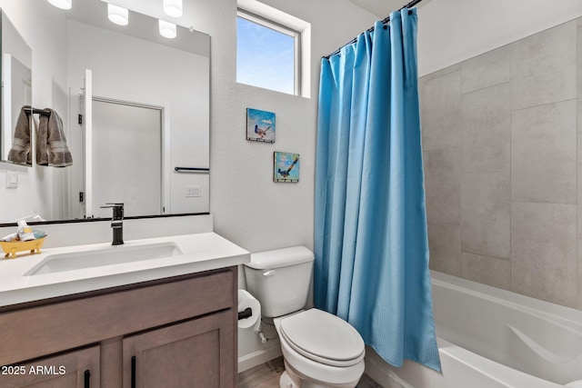 full bathroom with vanity, toilet, and shower / bathtub combination with curtain