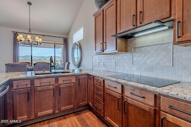 kitchen featuring stainless steel dishwasher, a sink, wood finished floors, under cabinet range hood, and black electric cooktop