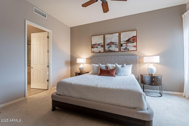 bedroom featuring ceiling fan, carpet, visible vents, and baseboards