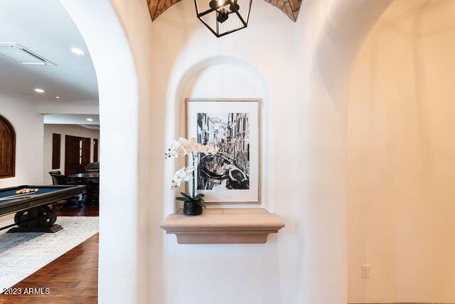 interior space featuring dark hardwood / wood-style floors and pool table