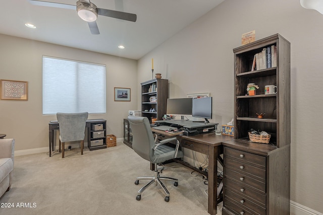 carpeted office with ceiling fan