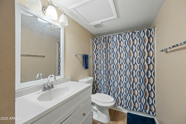 full bathroom with toilet, a shower with shower curtain, wood finished floors, visible vents, and vanity