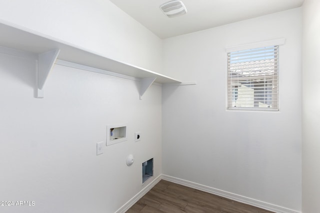 washroom featuring dark wood-style floors, hookup for an electric dryer, laundry area, baseboards, and hookup for a washing machine