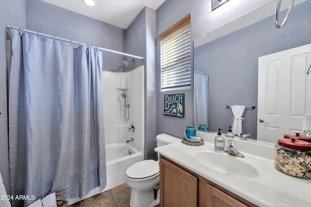 full bathroom with tile patterned flooring, vanity, toilet, and shower / tub combo