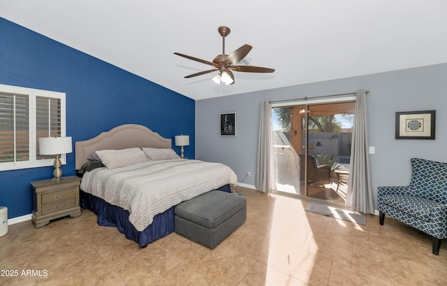 bedroom with ceiling fan and access to outside