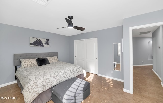 bedroom featuring ceiling fan and a closet