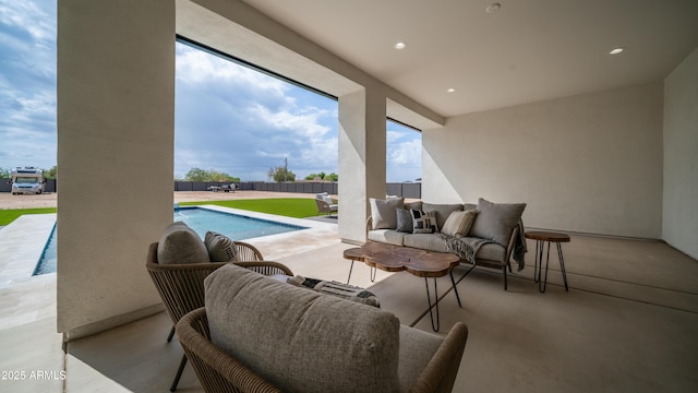 25916 S 198th St, Queen Creek, AZ 85142 - view of patio / terrace with fence, a fenced in pool, and an outdoor living space