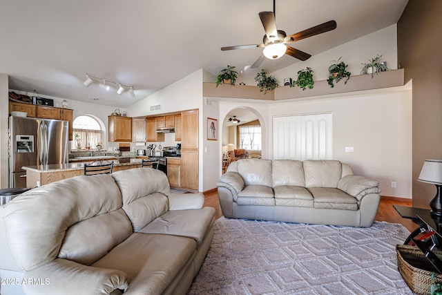 living room with light hardwood / wood-style floors, a healthy amount of sunlight, ceiling fan, and vaulted ceiling