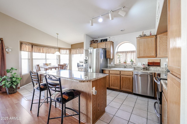 kitchen featuring vaulted ceiling, appliances with stainless steel finishes, a healthy amount of sunlight, and a kitchen island