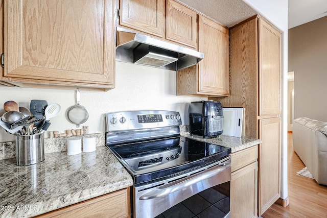 kitchen featuring light brown cabinetry, electric range, light stone counters, and light hardwood / wood-style flooring