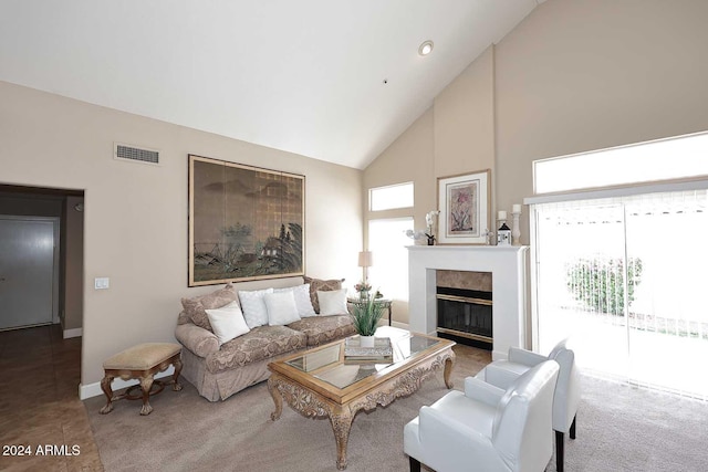 living room featuring high vaulted ceiling