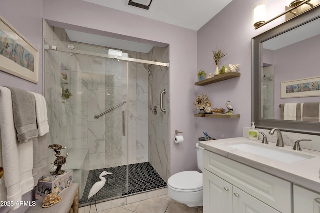 bathroom featuring tile patterned floors, vanity, an enclosed shower, and toilet