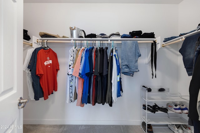 walk in closet featuring carpet flooring