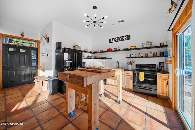 kitchen featuring visible vents, open shelves, light brown cabinets, a chandelier, and black range with electric stovetop