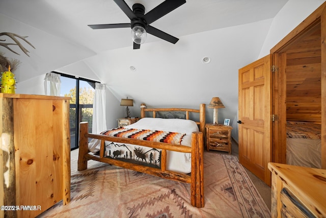 bedroom featuring a ceiling fan, access to outside, carpet, and lofted ceiling