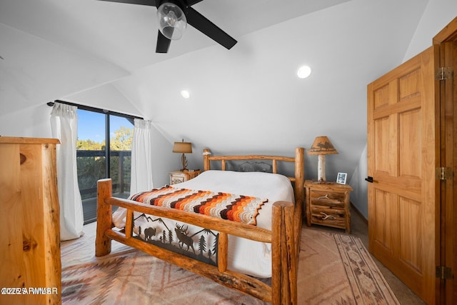 bedroom with ceiling fan, recessed lighting, vaulted ceiling, access to exterior, and light colored carpet