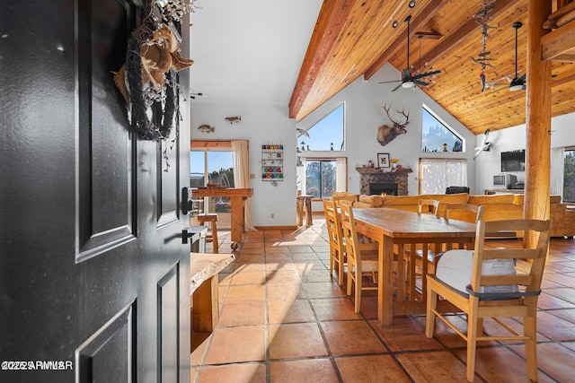 dining space with high vaulted ceiling, beamed ceiling, ceiling fan, and a warm lit fireplace