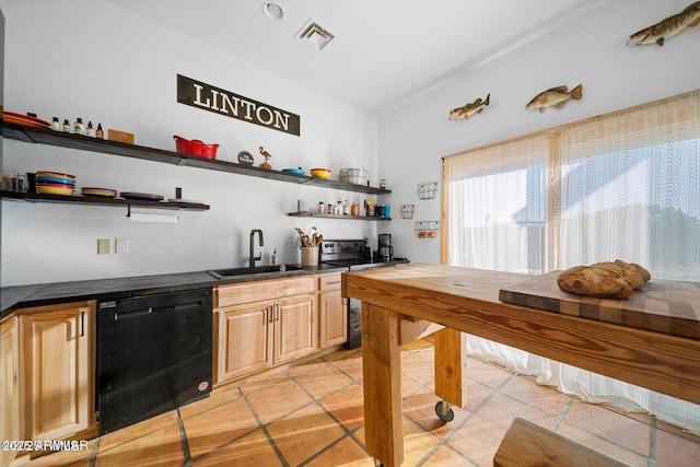 bar featuring visible vents, dishwasher, range with electric stovetop, a sink, and wet bar