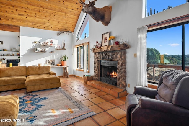 living area with tile patterned floors, high vaulted ceiling, wooden ceiling, and a fireplace