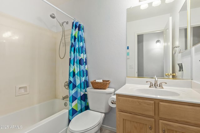 full bathroom featuring toilet, shower / tub combo, and vanity