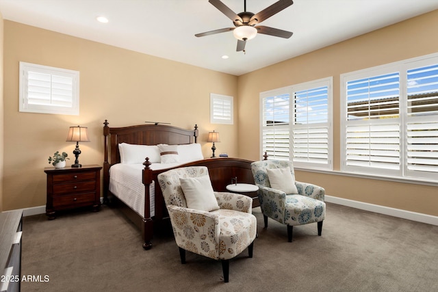 carpeted bedroom with baseboards, a ceiling fan, and recessed lighting