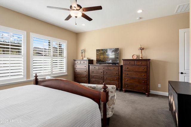 bedroom featuring ceiling fan, visible vents, recessed lighting, carpet flooring, and baseboards