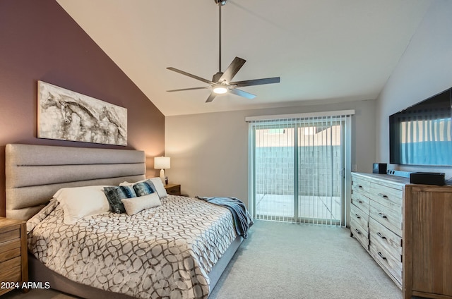 carpeted bedroom featuring ceiling fan, vaulted ceiling, and access to exterior