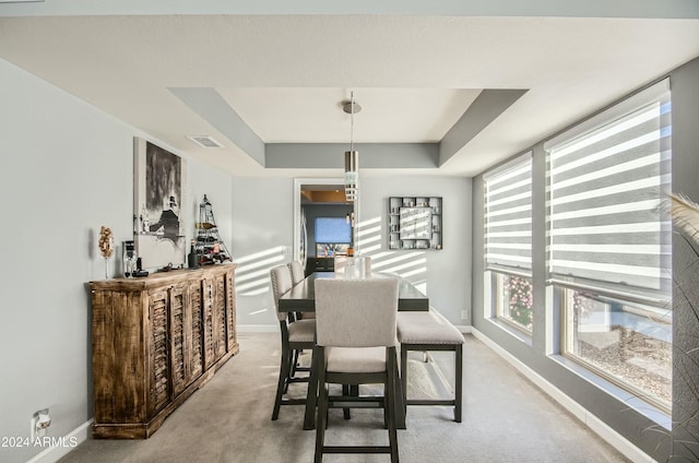 carpeted dining area featuring a healthy amount of sunlight and a raised ceiling