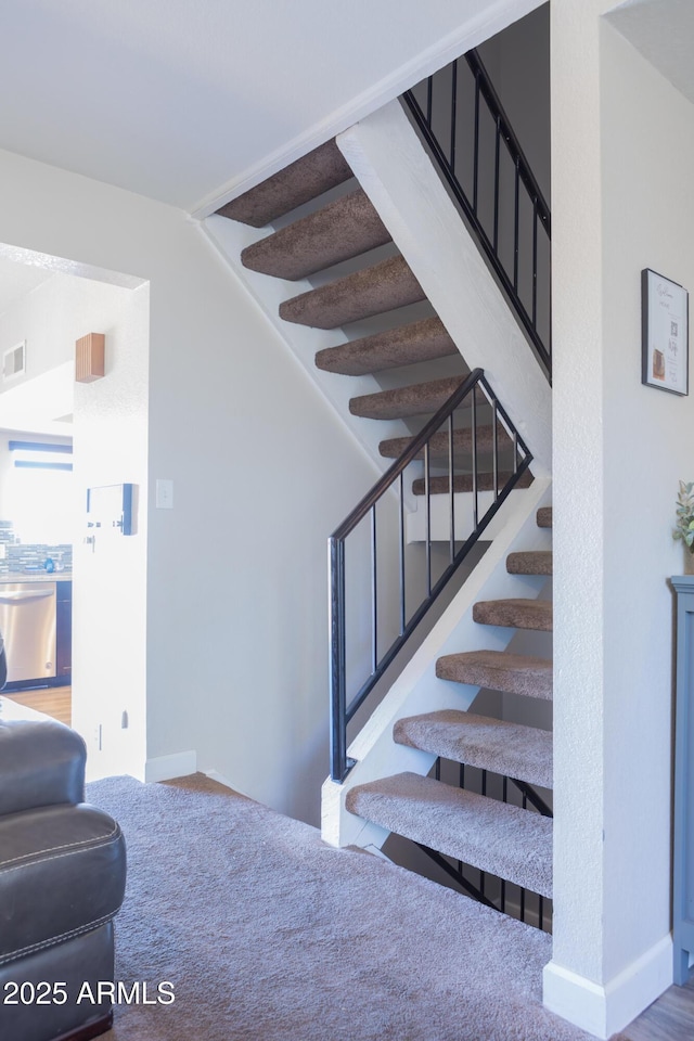 stairway featuring carpet