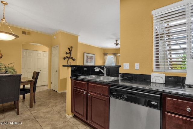 5335 E Shea Blvd Unit 1094, Scottsdale, AZ 85254 - kitchen with stainless steel dishwasher, a sink, dark countertops, arched walkways, and a ceiling fan