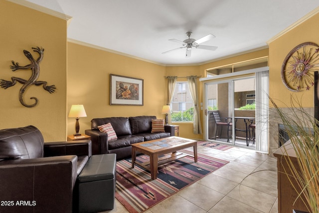 5335 E Shea Blvd Unit 1094, Scottsdale, AZ 85254 - tiled living room featuring a ceiling fan and crown molding