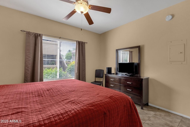 5335 E Shea Blvd Unit 1094, Scottsdale, AZ 85254 - bedroom with baseboards, light tile patterned floors, electric panel, and a ceiling fan